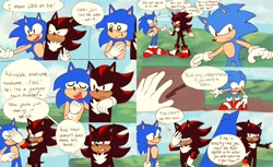 Size: 4096x2499 | Tagged: safe, artist:blahlahblash, shadow the hedgehog, sonic the hedgehog, sonic x shadow generations, 2024, classic sonic, comic, daytime, english text, outdoors, speech bubble, trio