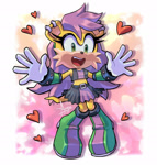 Size: 1280x1340 | Tagged: safe, artist:angiethecat, mina mongoose, abstract background, ear piercing, female, gradient background, heart, mouth open, open smile, solo, watermark