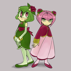 Size: 1867x1869 | Tagged: safe, artist:ddeeric, amy rose, cosmo the seedrian, seedrian, 2025, color swap, duo, green amy, grey background, simple background, standing
