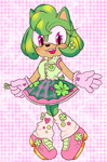 Size: 676x1028 | Tagged: safe, artist:femmejesterart, amy rose, 2025, alternate outfit, color swap, four leaf clover, green amy, heart, pink background, simple background, solo