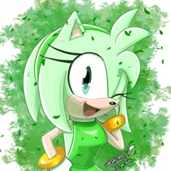 Size: 1359x1359 | Tagged: safe, artist:ruddypk14, amy rose, 2025, color swap, green amy, green background, simple background, smile, solo, wink