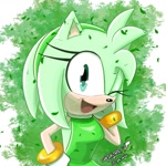 Size: 1359x1359 | Tagged: safe, artist:ruddypk14, amy rose, 2025, abstract background, color swap, female, green amy, green background, hand behind head, hand on hip, leaf, looking at viewer, mouth open, open smile, posing, smile, smiling at viewer, solo, wink, winking at viewer
