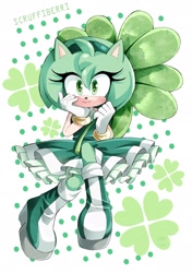 Size: 1442x2048 | Tagged: safe, artist:scruffiberri, amy rose, 2025, color swap, four leaf clover, green amy, hand on own face, head rest, simple background, solo, white background