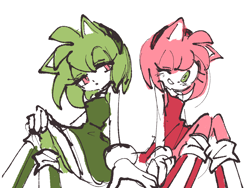 Size: 1600x1200 | Tagged: safe, artist:toki504, amy rose, 2025, color swap, duo, green amy, self paradox, simple background, sitting, white background, wink