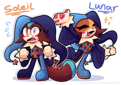 Size: 2048x1443 | Tagged: safe, artist:jesterjesteringjesterly, character name, duo, simple background, soleil the sugar glider, sparkles, standing, sugar glider, sweat, white background