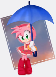 Size: 900x1219 | Tagged: dead source, safe, artist:montyth, amy rose, abstract background, female, looking at viewer, smile, smiling at viewer, solo, umbrella