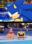 Size: 1495x2048 | Tagged: safe, artist:ialehlg, sonic the hedgehog, crossover, frown, looking at them, male, outline, patrick star, raised eyebrow, shrunken pupils, sonic racing crossworlds, spongebob squarepants, trio, trio male, white outline