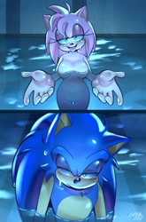 Size: 2704x4096 | Tagged: suggestive, artist:piko_nae, amy rose, sonic the hedgehog, amy x sonic, partially submerged, shipping, swimming, water