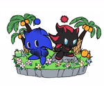 Size: 1476x1226 | Tagged: safe, artist:amanotoo, chao, 2024, chao fruit, chao garden, character chao, duo, flower, frown, fruit, grass, palm tree, shadow chao, simple background, smile, sonic chao, tree, white background