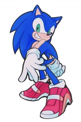 Size: 985x1486 | Tagged: safe, artist:amanotoo, sonic the hedgehog, sonic adventure 2, 2023, grin, looking at viewer, redraw, simple background, smile, soap shoes, solo, standing, white background