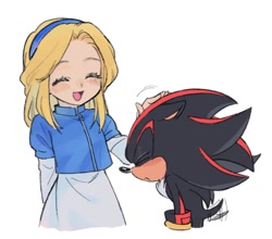 Size: 1318x1159 | Tagged: safe, artist:amanotoo, maria robotnik, shadow the hedgehog, hedgehog, human, 2023, blushing, duo, eyes closed, headpats, simple background, smile, wagging tail, white background