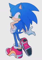 Size: 1439x2048 | Tagged: safe, artist:amanotoo, sonic the hedgehog, 2023, grey background, simple background, soap shoes, solo, standing