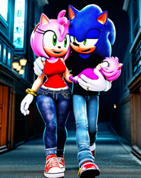 Size: 1216x1536 | Tagged: safe, ai art, artist:codythehouso, amy rose, sonic the hedgehog, oc, hedgehog, 3d, abstract background, adult, adult amy, adult sonic, aged up, alternate universe, amy x sonic, baby, busty amy, carrying them, clothes, cute, denim jeans, family, fankid, father and child, father and daughter, female, grown up, happy, holding each other, holding them, looking at each other, looking at them, male, marriage ring, mother and child, mother and daughter, nighttime, offsprings, older, older amy, older sonic, parent:amy, parent:sonic, parents:sonamy, shipping, standing, straight, street, t-shirt, tank top, thicc, thick thighs, trio, unnamed oc, walking, wedding ring