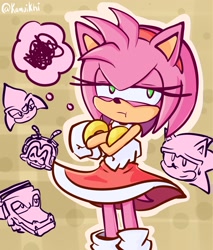 Size: 1745x2048 | Tagged: safe, artist:kamuikhi, amy rose, charmy bee, espio the chameleon, sonic the hedgehog, vector the crocodile, hedgehog, 2025, amy's halterneck dress, annoyed, arms folded, eyelashes, female, gloves, green eyes, male, outline, redraw, solo focus, standing, tail, team chaotix, thought bubble, white gloves