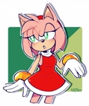 Size: 1718x2048 | Tagged: safe, artist:vonbytes, amy rose, hedgehog, 2025, abstract background, amy's halterneck dress, female, gloves, green eyes, lidded eyes, open mouth, redraw, signature, solo, solo female, sonic rush, standing, white gloves