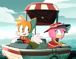 Size: 1999x1559 | Tagged: safe, artist:specterpie, amy rose, miles "tails" prower, fox, hedgehog, 2025, amy's halterneck dress, blue eyes, boat, duo, eyelashes, female, green eyes, hat, looking at each other, male, open smile, outdoors, water, white gloves