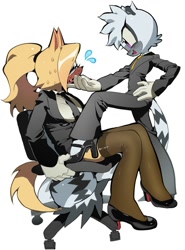 Size: 1480x2000 | Tagged: safe, artist:thecupheadexpert, tangle the lemur, whisper the wolf, lemur, wolf, 2025, alternate outfit, blushing, chair, duo, duo female, eyelashes, eyes closed, female, grey fur, hand on another's face, heels, lesbian, long tail, office outfit, open mouth, open smile, pantyhose, purple eyes, shipping, shoes, side view, sitting, striped tail, suit, sweat, sweatdrop, tangle x whisper, tie, white background, white gloves, yellow hair