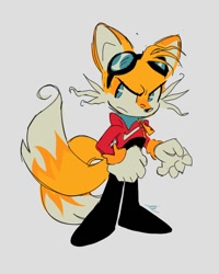 Size: 614x768 | Tagged: safe, artist:funnybonesfunny, miles "tails" prower, 2025, alternate outfit, alternate universe, goggles, goggles on head, grey background, simple background, solo, standing