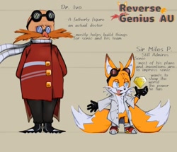 Size: 1261x1086 | Tagged: safe, artist:gabbie6543mimic, miles "tails" prower, robotnik, fox, human, 2025, alignment swap, alternate outfit, alternate universe, au:reverse genius, chaos emerald, duo, duo male, english text, goggles, goggles on head, lab coat, role swap, smile