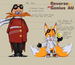 Size: 1261x1086 | Tagged: safe, artist:gabbie6543mimic, miles "tails" prower, robotnik, fox, human, 2025, alignment swap, alternate outfit, alternate universe, au:reverse genius, chaos emerald, duo, duo male, english text, glasses, goggles, goggles on head, lab coat, role swap, smile