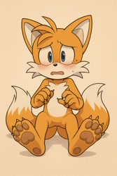 Size: 1024x1536 | Tagged: safe, ai art, miles "tails" prower, barefoot, claws, gloves off, naked, sweatdrop