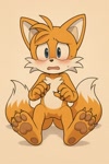 Size: 1024x1536 | Tagged: safe, ai art, miles "tails" prower, barefoot, claws, gloves off, naked, sweatdrop