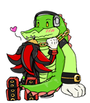 Size: 728x836 | Tagged: safe, artist:pikabysss, shadow the hedgehog, vector the crocodile, 2025, blushing, crack shipping, gay, heart, kiss, shadow x vector, shipping, simple background, sitting, transparent background