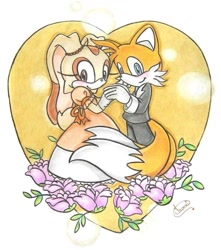 Size: 817x923 | Tagged: safe, artist:rougecreamamyforever, cream the rabbit, miles "tails" prower, cream x tails, shipping