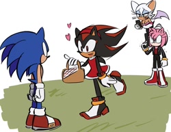 Size: 1507x1161 | Tagged: safe, artist:rodka_sth, amy rose, rouge the bat, shadow the hedgehog, sonic the hedgehog, 2024, amy's halterneck dress, basket, cosplay, crossdressing, group, heart, holding something, jacket, looking at each other, looking at them, outdoors, simple background, smile, standing, white background