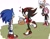 Size: 1507x1161 | Tagged: safe, artist:rodka_sth, amy rose, rouge the bat, shadow the hedgehog, sonic the hedgehog, bat, hedgehog, 2024, amy's halterneck dress, basket, cosplay, crossdressing, dress, group, gun, heart, holding something, jacket, looking at each other, looking at them, outdoors, simple background, smile, standing, weapon, white background