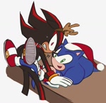 Size: 1018x986 | Tagged: suggestive, artist:rodka_sth, shadow the hedgehog, sonic the hedgehog, 2023, duo, gay, looking at viewer, santa hat, shadow x sonic, shipping, simple background, standing, white background