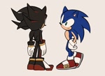 Size: 1136x829 | Tagged: safe, artist:rodka_sth, shadow the hedgehog, sonic the hedgehog, duo, head tilt, looking at each other, looking at them, simple background, smile, standing