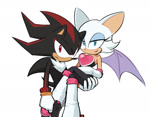 Size: 912x712 | Tagged: safe, artist:rodka_sth, rouge the bat, shadow the hedgehog, 2023, carrying them, duo, gun, hand on another's butt, holding something, looking at viewer, simple background, smile, standing, white background