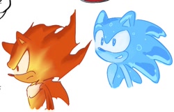 Size: 726x468 | Tagged: safe, artist:rodka_sth, shadow the hedgehog, sonic the hedgehog, 2023, duo, fire, simple background, smile, water, white background