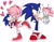 Size: 1900x1465 | Tagged: safe, artist:rodka_sth, amy rose, sonic the hedgehog, 2023, amy x sonic, blushing, classic amy, classic sonic, group, heart, holding them, looking at each other, looking at them, self paradox, shipping, simple background, smile, standing, straight, white background