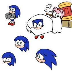 Size: 837x831 | Tagged: safe, artist:rodka_sth, amy rose, sonic the hedgehog, 2023, chibi, cute, holding something, holding them, micro, piko piko hammer, sad, simple background, sonabetes, standing, trio, white background