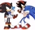 Size: 1794x1526 | Tagged: safe, artist:rodka_sth, shadow the hedgehog, sonic the hedgehog, classic shadow, classic sonic, gay, group, looking at each other, looking at them, self paradox, shadow x sonic, shipping, simple background, standing, white background
