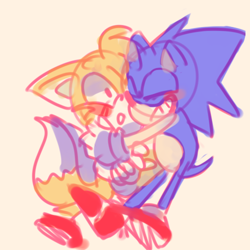 Size: 500x500 | Tagged: safe, artist:leoyoraan, miles "tails" prower, sonic the hedgehog, 2017, blushing, gay, hugging, shipping, sketch, sonic x tails