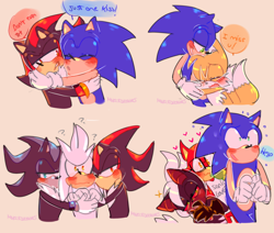Size: 1280x1083 | Tagged: safe, artist:leoyoraan, gadget the wolf, infinite the jackal, mephiles the dark, miles "tails" prower, shadow the hedgehog, silver the hedgehog, sonic the hedgehog, 2017, blushing, dialogue, gadget x infinite x sonic, gay, heart, hugging, mephadow, mephiles x shadow x silver, mephilver, polyamory, rookinite, shadow x silver, shadow x sonic, shipping, signature, sonadget, sonfinite, sonic x tails, speech bubble, text