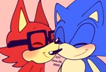 Size: 2048x1398 | Tagged: safe, artist:cerbie20, gadget the wolf, sonic the hedgehog, 2022, blushing, cute, duo, eyes closed, flat colors, gadgebetes, gay, outline, pink background, shipping, signature, simple background, smile, sonabetes, sonadget