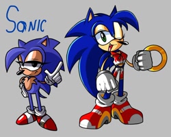 Size: 640x513 | Tagged: safe, artist:pinkpostor2006, sonic the hedgehog, character name, classic sonic, duo, gender swap, looking at viewer, ring, self paradox, smile, soap shoes