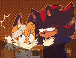 Size: 1282x980 | Tagged: safe, artist:iluskonai, miles "tails" prower, shadow the hedgehog, 2024, abstract background, bandage, cape, flashlight, frown, gay, halloween, holding something, looking at viewer, one fang, outline, shadow x tails, shipping, signature