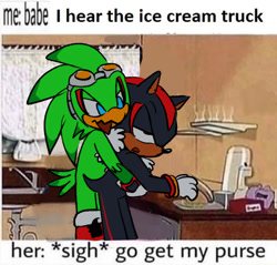Size: 953x912 | Tagged: safe, artist:gikijet, jet the hawk, shadow the hedgehog, caption, english text, gay, hugging, hugging from behind, jet x shadow, meme, shadow is not amused, shipping, standing, text, unamused