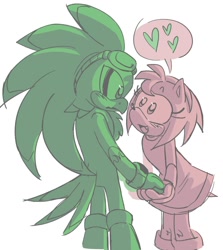 Size: 1194x1339 | Tagged: safe, artist:gikijet, amy rose, jet the hawk, 2025, amy x jet, heart, holding hands, looking at each other, monochrome, mouth open, shipping, speech bubble, standing, straight