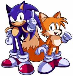 Size: 1956x2048 | Tagged: safe, artist:jukobut3, miles "tails" prower, sonic the hedgehog, 2025, alternate version, one fang, simple background, smile, smiling at viewer, standing, wagging finger, white background