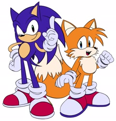 Size: 1965x2048 | Tagged: safe, artist:jukobut3, miles "tails" prower, sonic the hedgehog, 2025, flat colors, one fang, simple background, smile, smiling at viewer, standing, wagging finger, white background