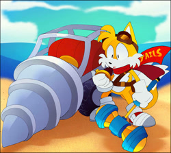 Size: 946x844 | Tagged: safe, artist:cerberustheterrible, miles "tails" prower, abstract background, belt, boat, drill, goggles, hammer, holding something, scarf, standing, tails adventure, water