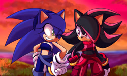 Size: 1275x765 | Tagged: safe, artist:k3llywolfarts, shadow the hedgehog, sonic the hedgehog, oc, oc:kelly the hedgehog, oc:shinn the hedgehog, 2022, abstract background, frown, gender swap, looking at each other, smile, standing, wink