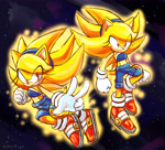 Size: 4980x4500 | Tagged: safe, artist:k3llywolfarts, sonic the hedgehog, super sonic, oc, oc:kelly the hedgehog, 2022, abstract background, flying, gender swap, mid-air, star (sky), super form, super oc
