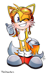 Size: 813x1200 | Tagged: safe, artist:jennifer hernandez, artist:thechaosspirit, miles "tails" prower, 2017, blushing, goggles, goggles on head, looking at viewer, signature, simple background, smile, smiling at viewer, standing, thumbs up, white background, wink, winking at viewer